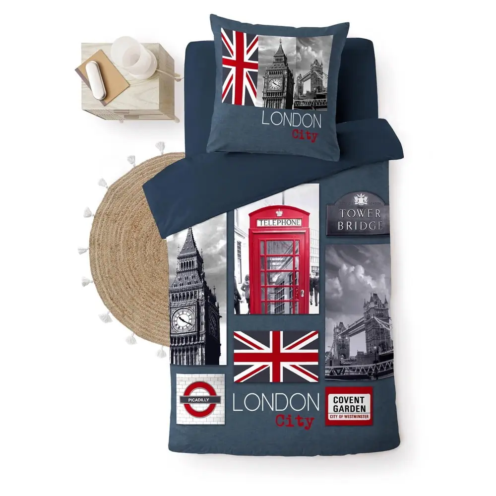 Lenjerie de pat albastru-închis din bumbac pentru pat de o persoană 140x200 cm City London – douceur d'intérieur