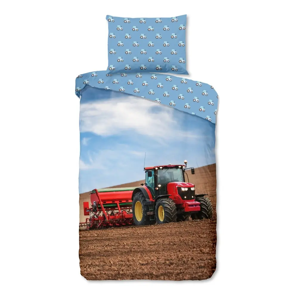 Lenjerie de pat pentru copii albastră din flanelă pentru pat de o persoană 140x200 cm Tractor – Good Morning