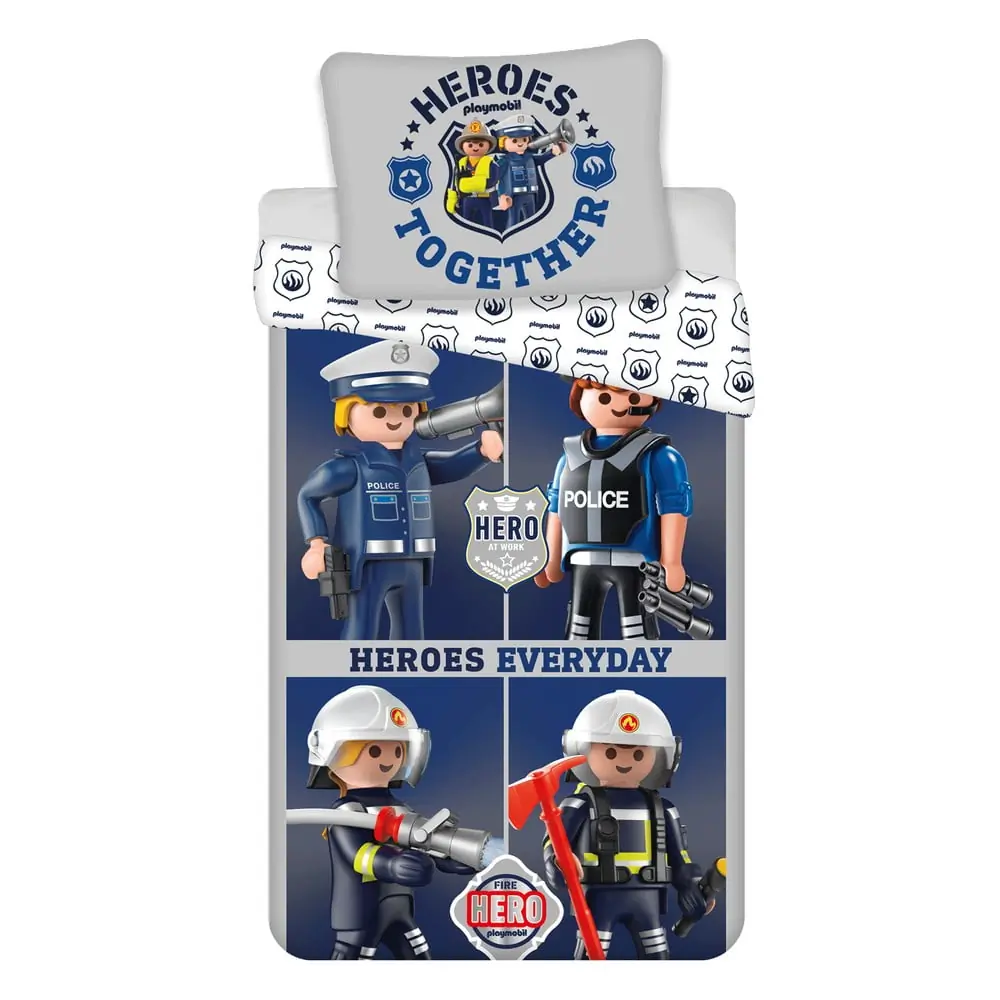 Lenjerie de pat pentru copii albastră-gri din bumbac pentru pat de o persoană 140x200 cm Playmobil – Jerry Fabrics