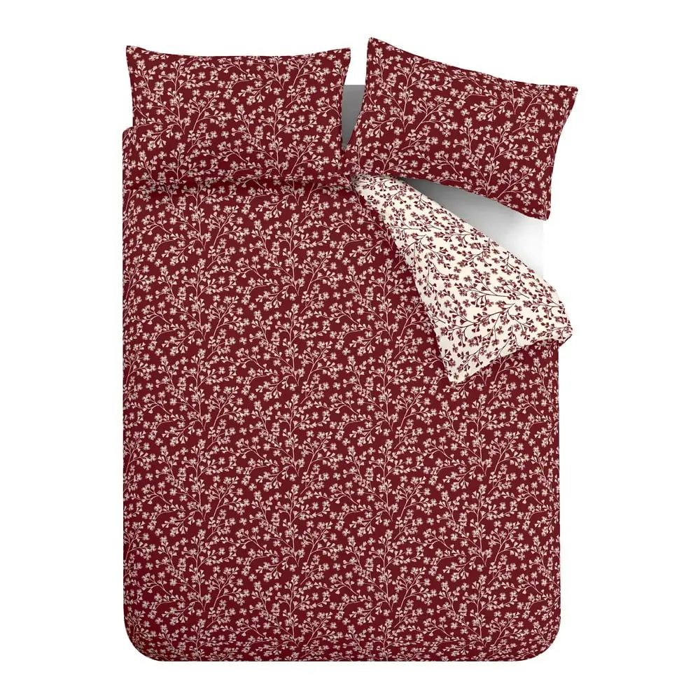 Lenjerie de pat roșie din flanelă pentru pat de o persoană 135x200 cm Grace Floral Leaf – Catherine Lansfield