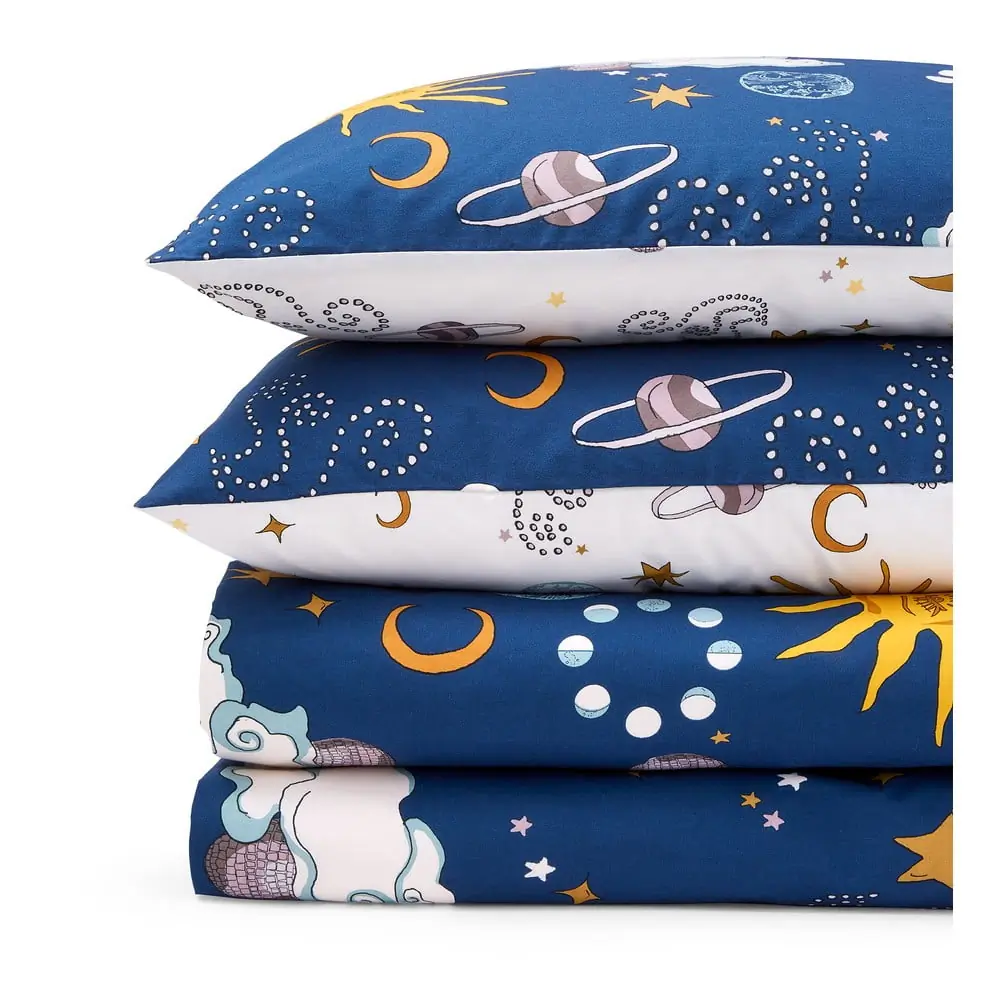 Lenjerie de pat albă-albastră din bumbac pentru pat dublu 200x200 cm Disco Space – Their Nibs