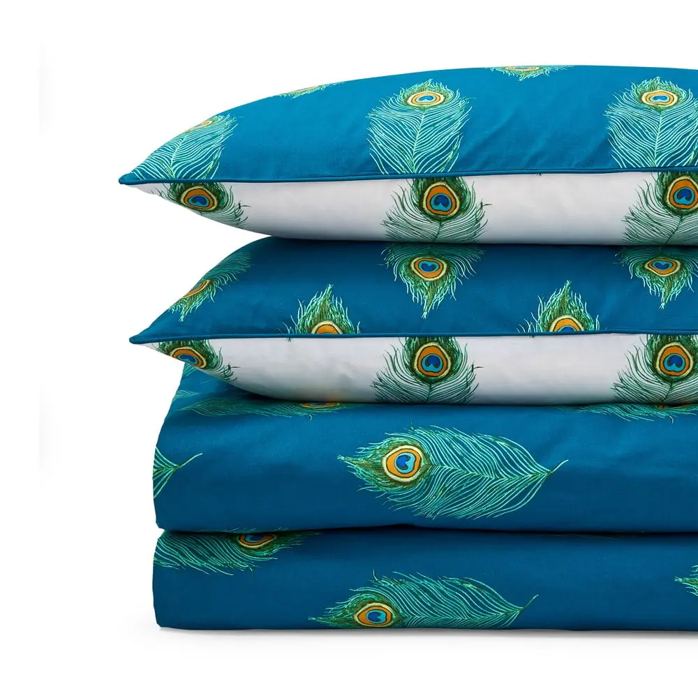 Lenjerie de pat albă/albastru-verde din bumbac pentru pat dublu-extinsă 230x220 cm Peacock Feather – Their Nibs