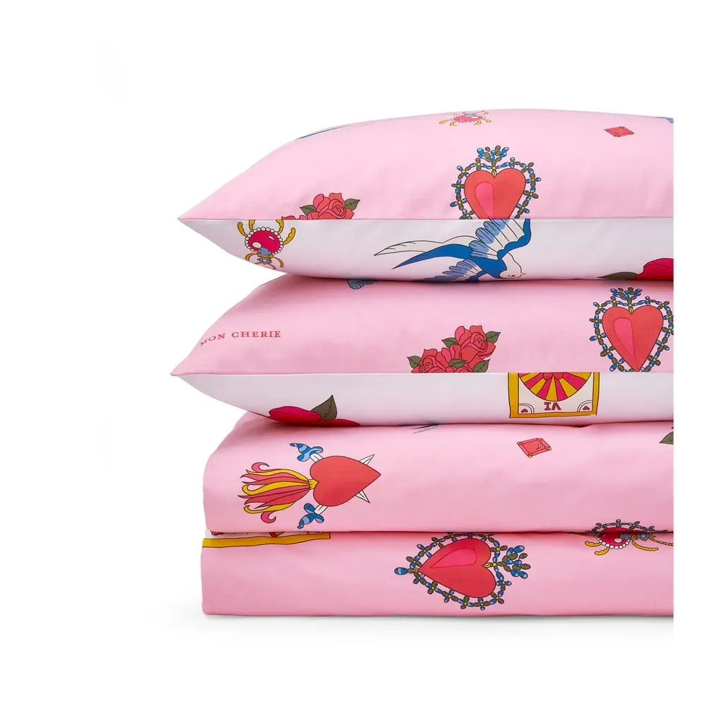 Lenjerie de pat albă-roz din bumbac pentru pat dublu, extinsă 230x220 cm Mon Coeur – Their Nibs