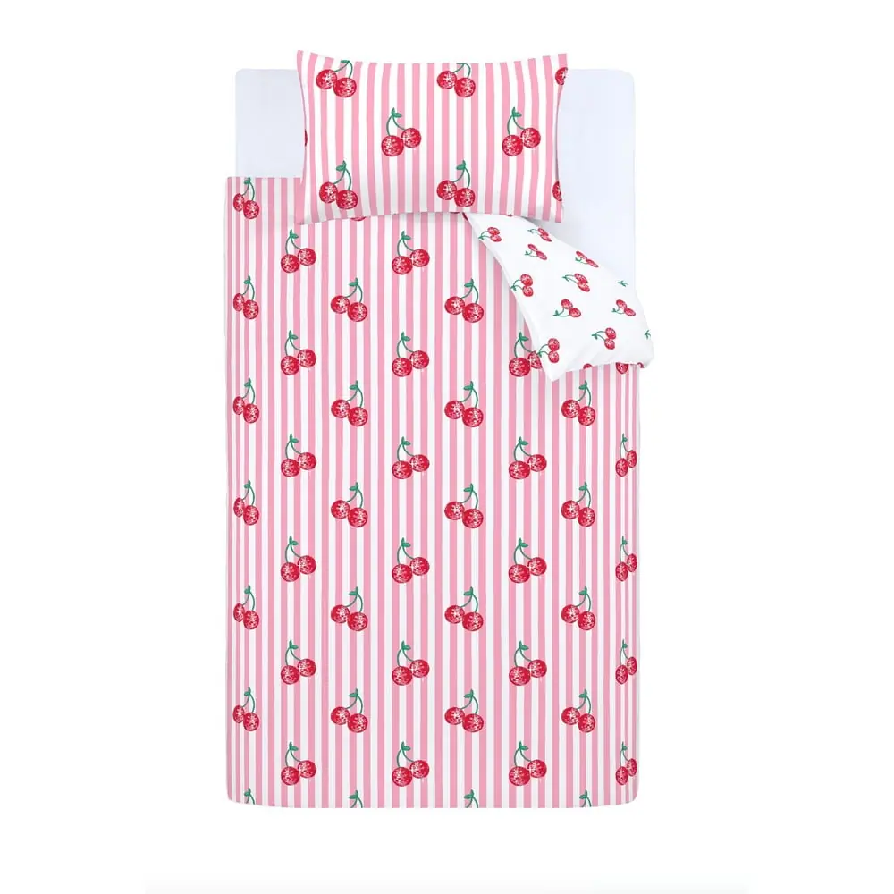 Lenjerie de pat albă-roz pentru pat de o persoană 135x200 cm Disco Cherries Stripes – Catherine Lansfield