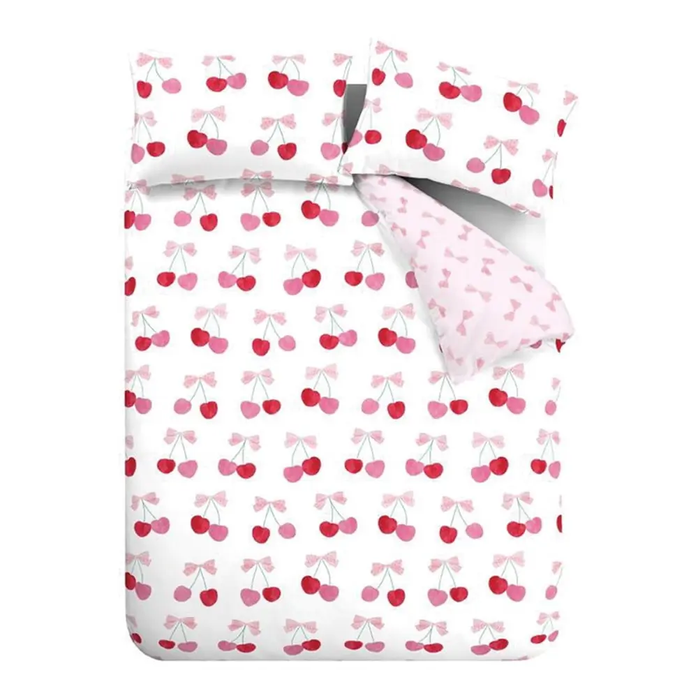 Lenjerie de pat albă-roz pentru pat dublu 200x200 cm Cherries and Bows – Catherine Lansfield