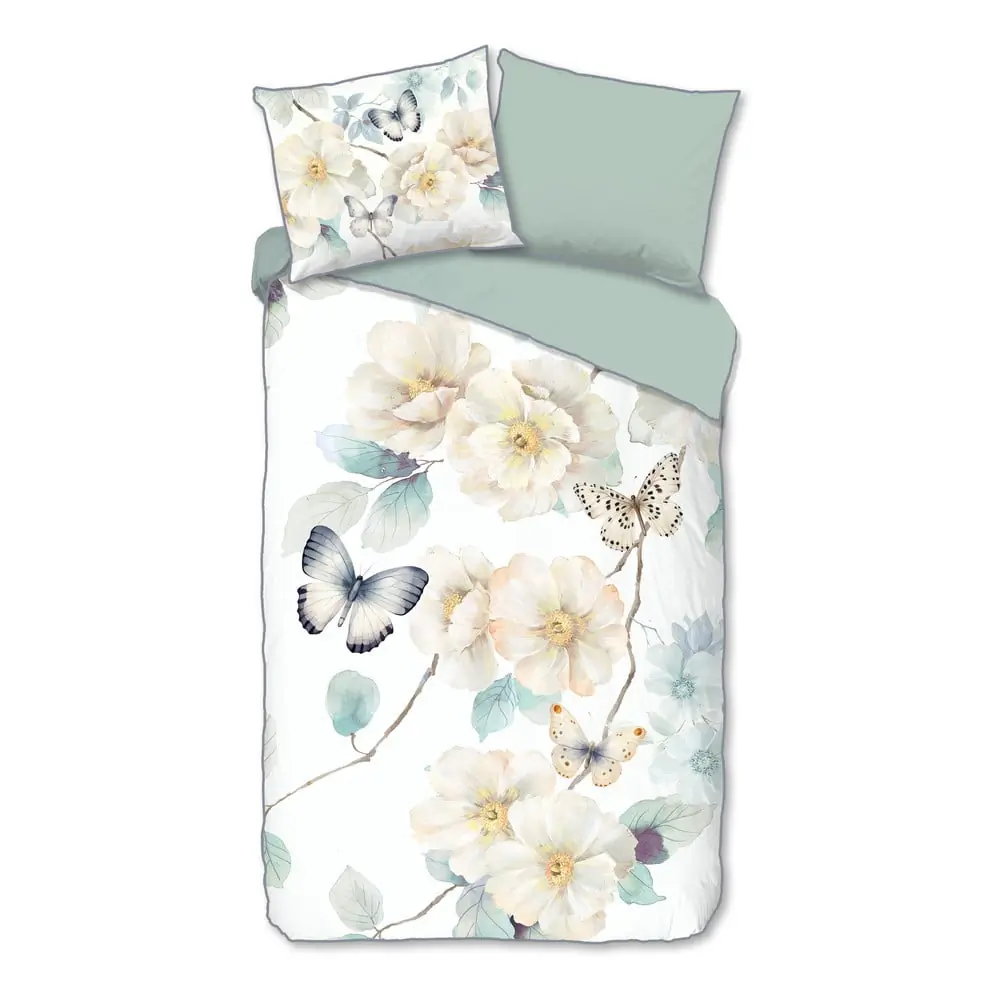 Lenjerie de pat albă-verde din bumbac satinat pentru pat de o persoană, extinsă 140x220 cm Adiwanya – Descanso