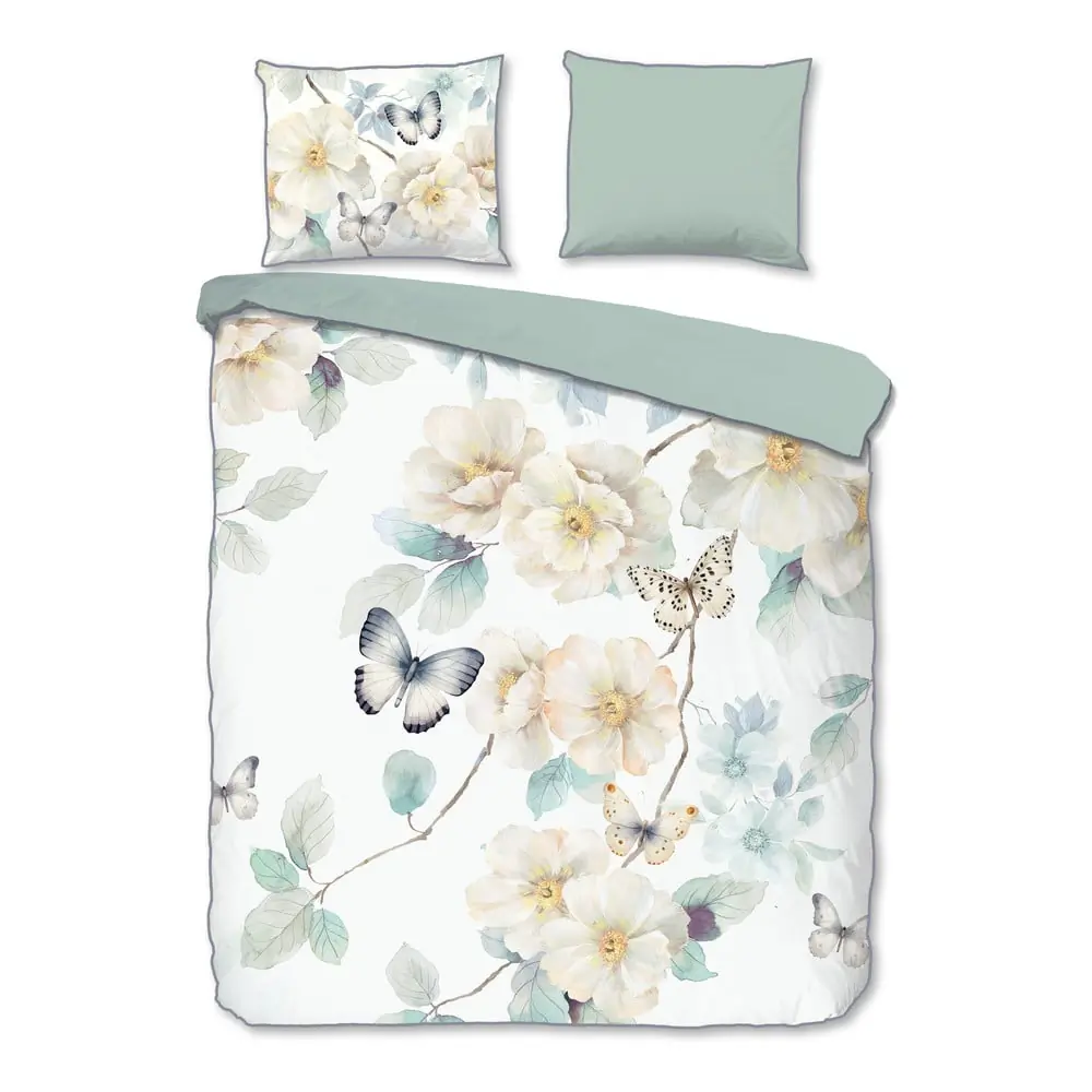 Lenjerie de pat albă-verde din bumbac satinat pentru pat dublu, extinsă 200x220 cm Adiwanya – Descanso