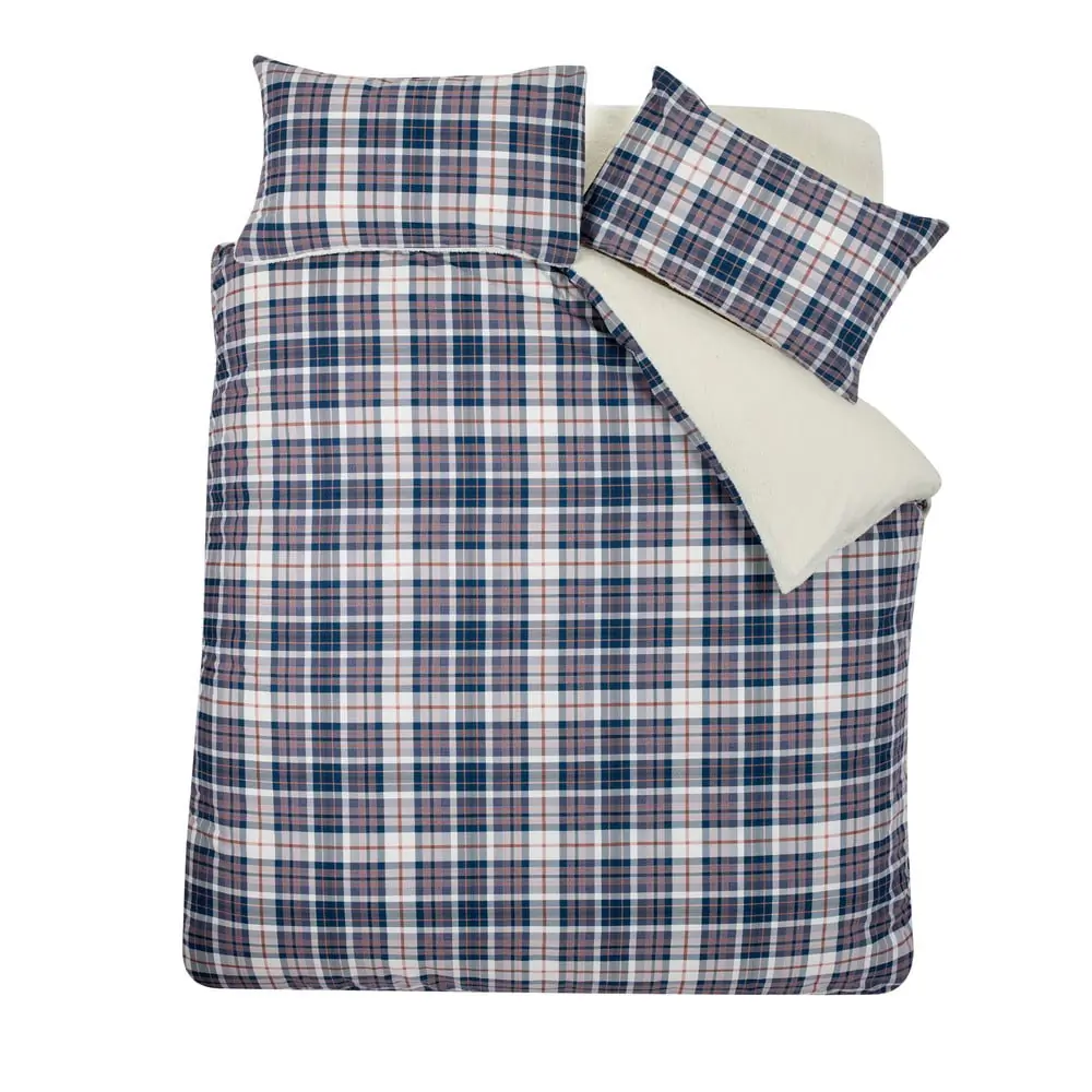 Lenjerie de pat albastră-bej din sherpa pentru pat dublu 200x200 cm Cosy Sherpa Check – Catherine Lansfield