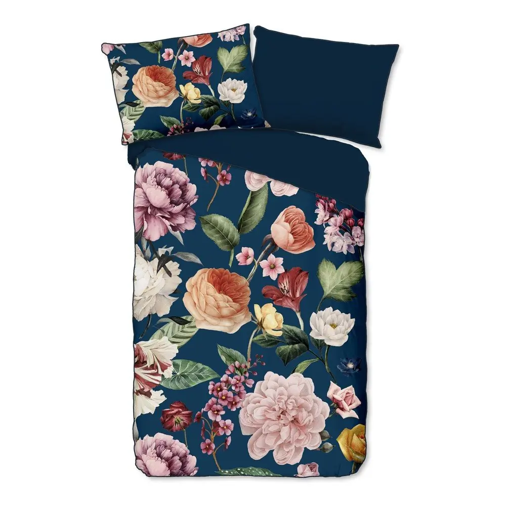 Lenjerie de pat albastru-închis din bumbac satinat pentru pat de o persoană, extinsă 140x220 cm Fiori – Descanso