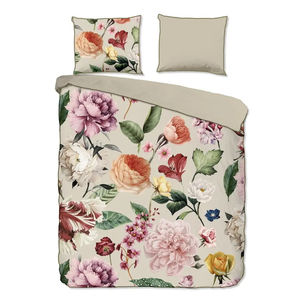 Lenjerie de pat bej din bumbac satinat pentru pat dublu, extinsă 200x220 cm Fiori – Descanso