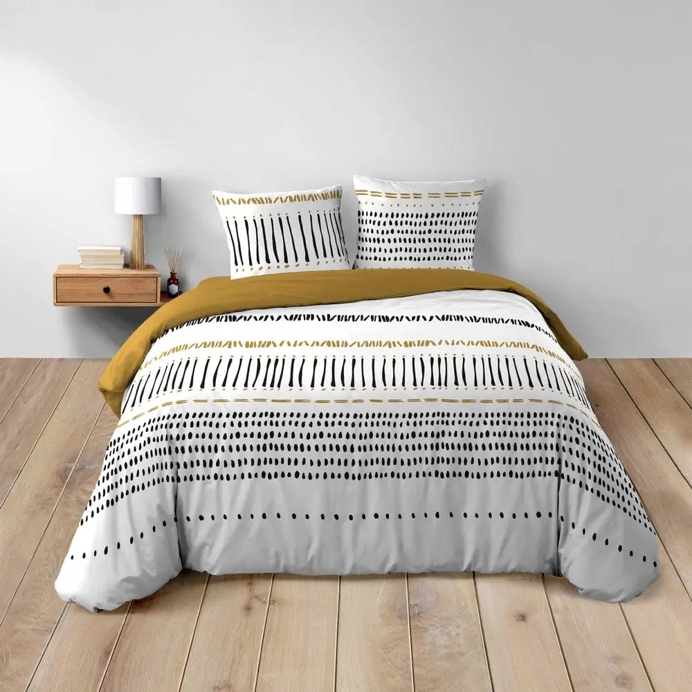 Lenjerie de pat galben-muștar/albă din bumbac pentru pat dublu, extinsă 240x220 cm Chicago – douceur d'intérieur