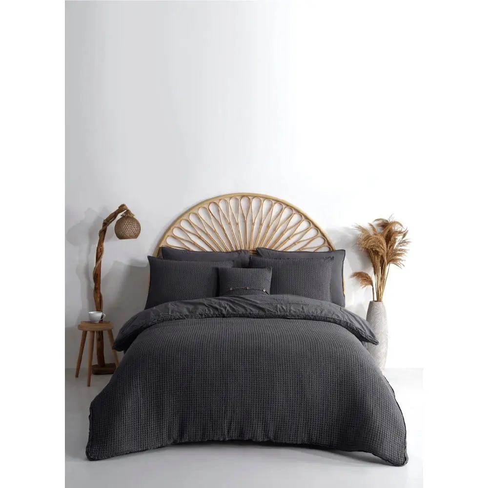 Lenjerie de pat gri antracit din bumbac ranforcé pentru pat dublu, extinsă 240x220 cm Waffle Striped – Mila Home Luxury