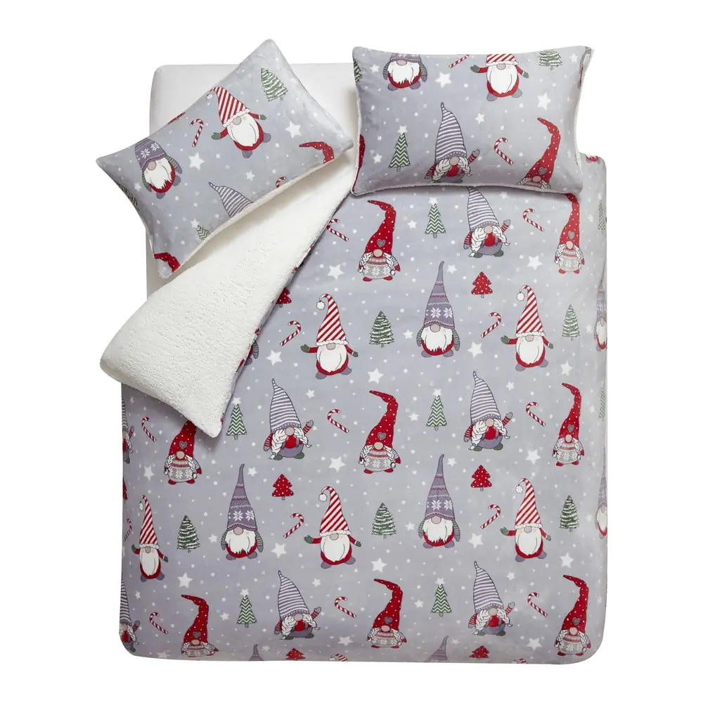 Lenjerie de pat gri din micropluș/cocolino pentru pat dublu, extinsă 230x220 cm Festive Gnomes – Catherine Lansfield