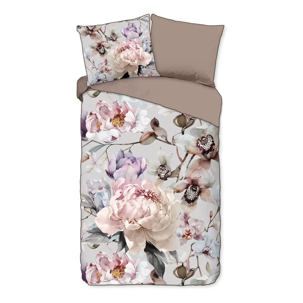 Lenjerie de pat gri-maro din bumbac satinat pentru pat de o persoană, extinsă 140x220 cm Colinda – Descanso