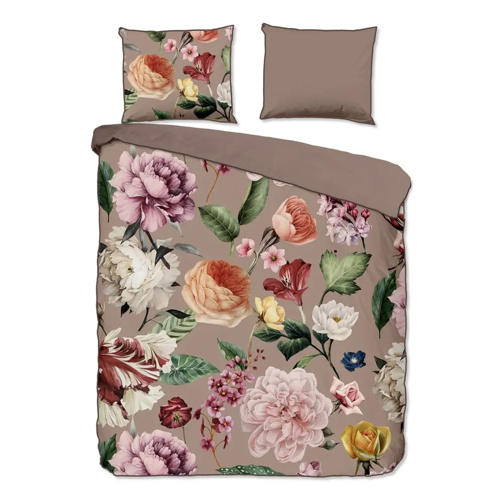 Lenjerie de pat gri-maro din bumbac satinat pentru pat dublu, extinsă 240x220 cm Fiori – Descanso