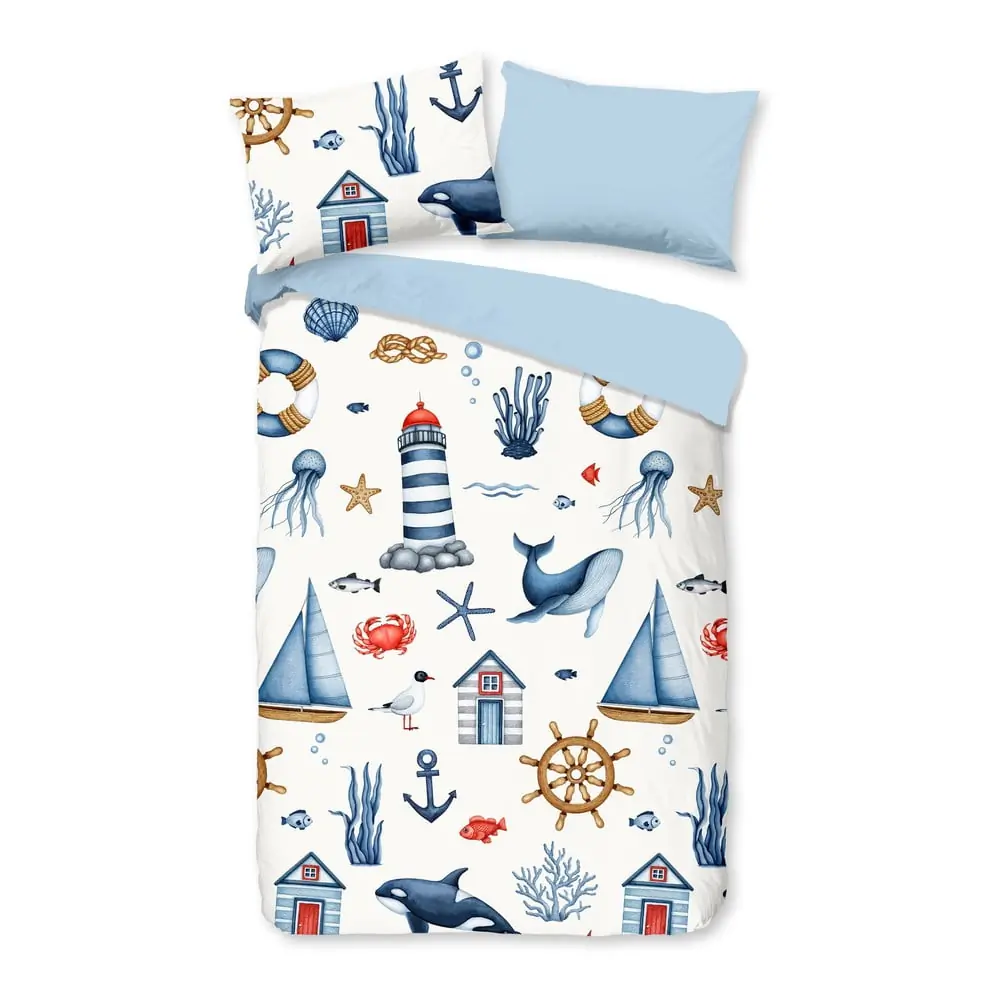 Lenjerie de pat pentru copii albastră-crem din bumbac pentru pătuț 100x135 cm Ahoy – Good Morning