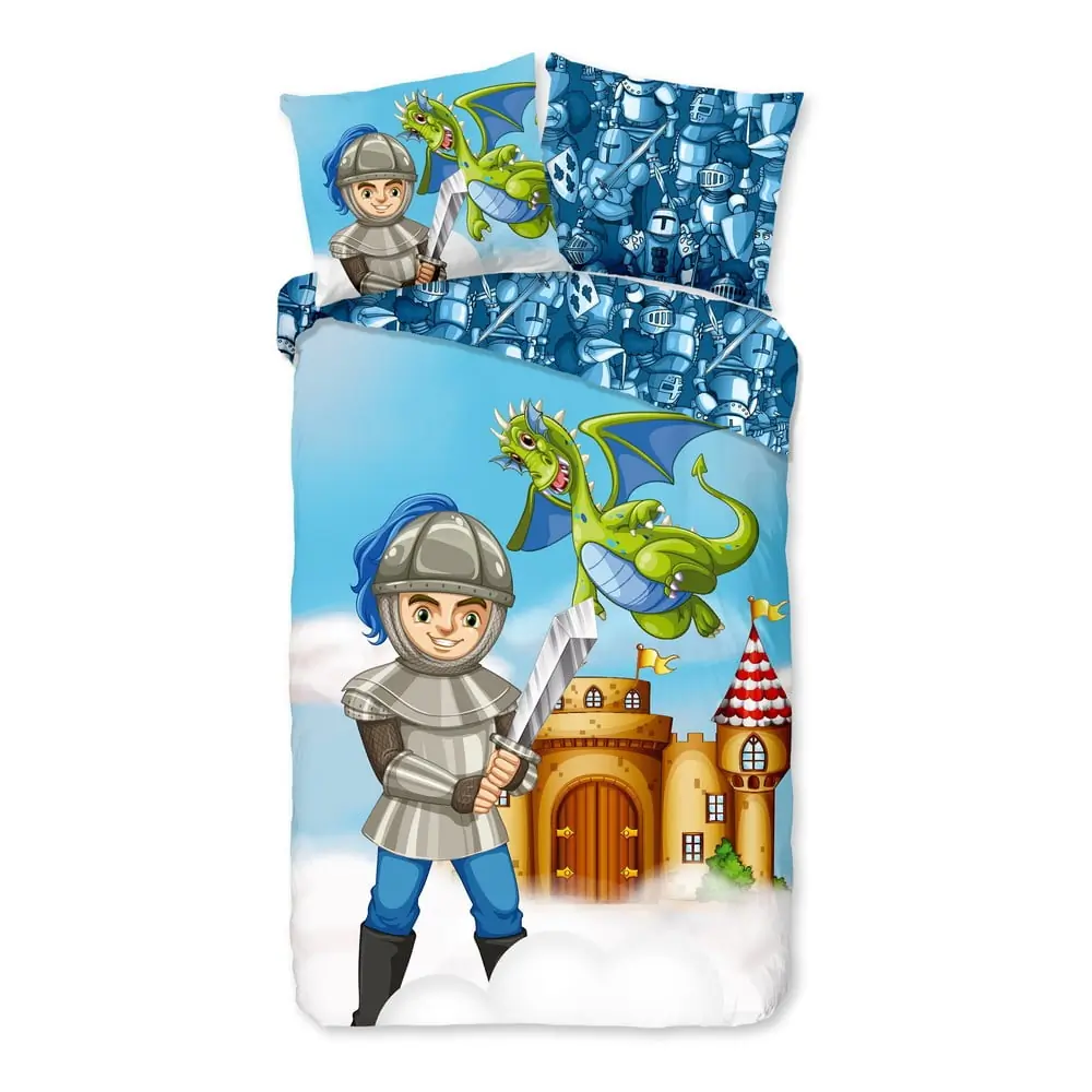 Lenjerie de pat pentru copii albastră din bumbac pentru pat de o persoană, extinsă 140x220 cm Knight – Good Morning