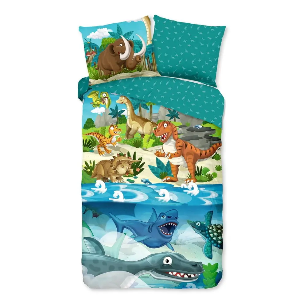 Lenjerie de pat pentru copii albastră din bumbac pentru pat de o persoană, extinsă 140x220 cm Prehistoric – Good Morning