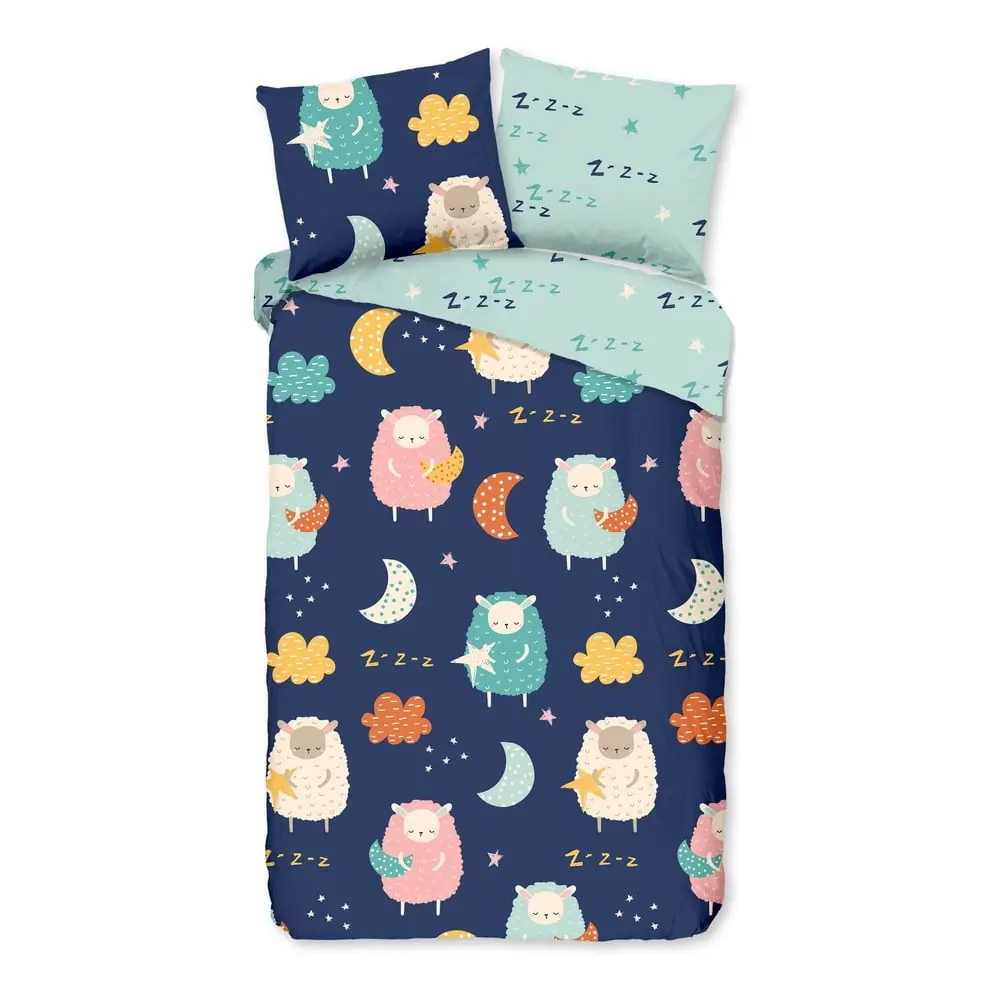 Lenjerie de pat pentru copii albastră din bumbac pentru pat de o persoană, extinsă 140x220 cm Sheep – Good Morning