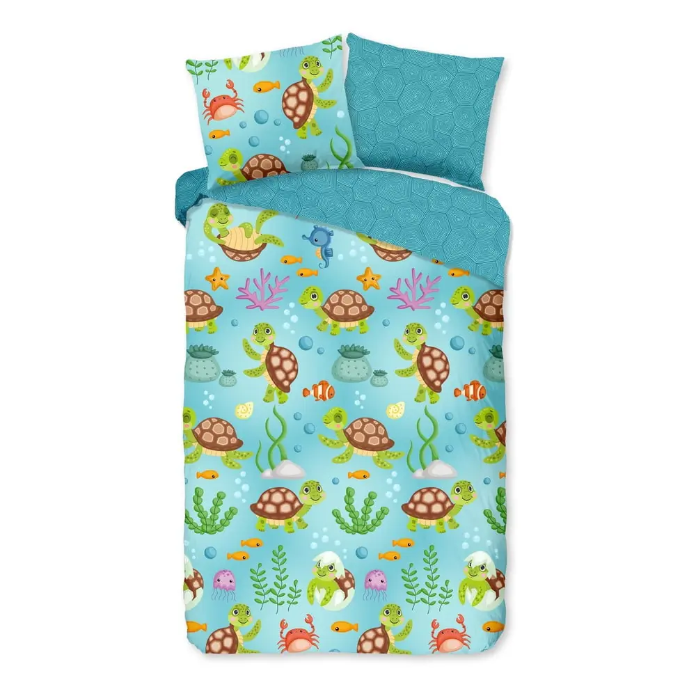 Lenjerie de pat pentru copii albastră din bumbac pentru pat de o persoană, extinsă 140x220 cm Turtles – Good Morning