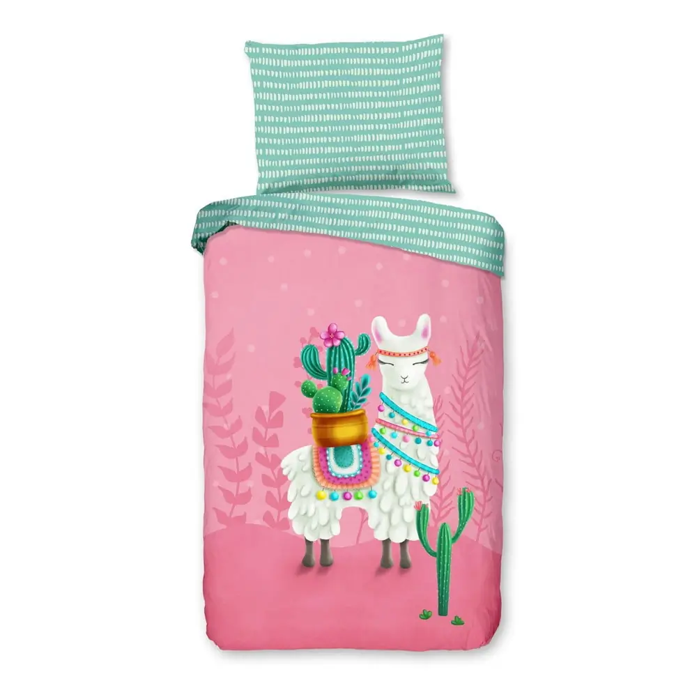 Lenjerie de pat pentru copii roz-turcoaz din bumbac pentru pat de o persoană 140x200 cm Lalama – Good Morning