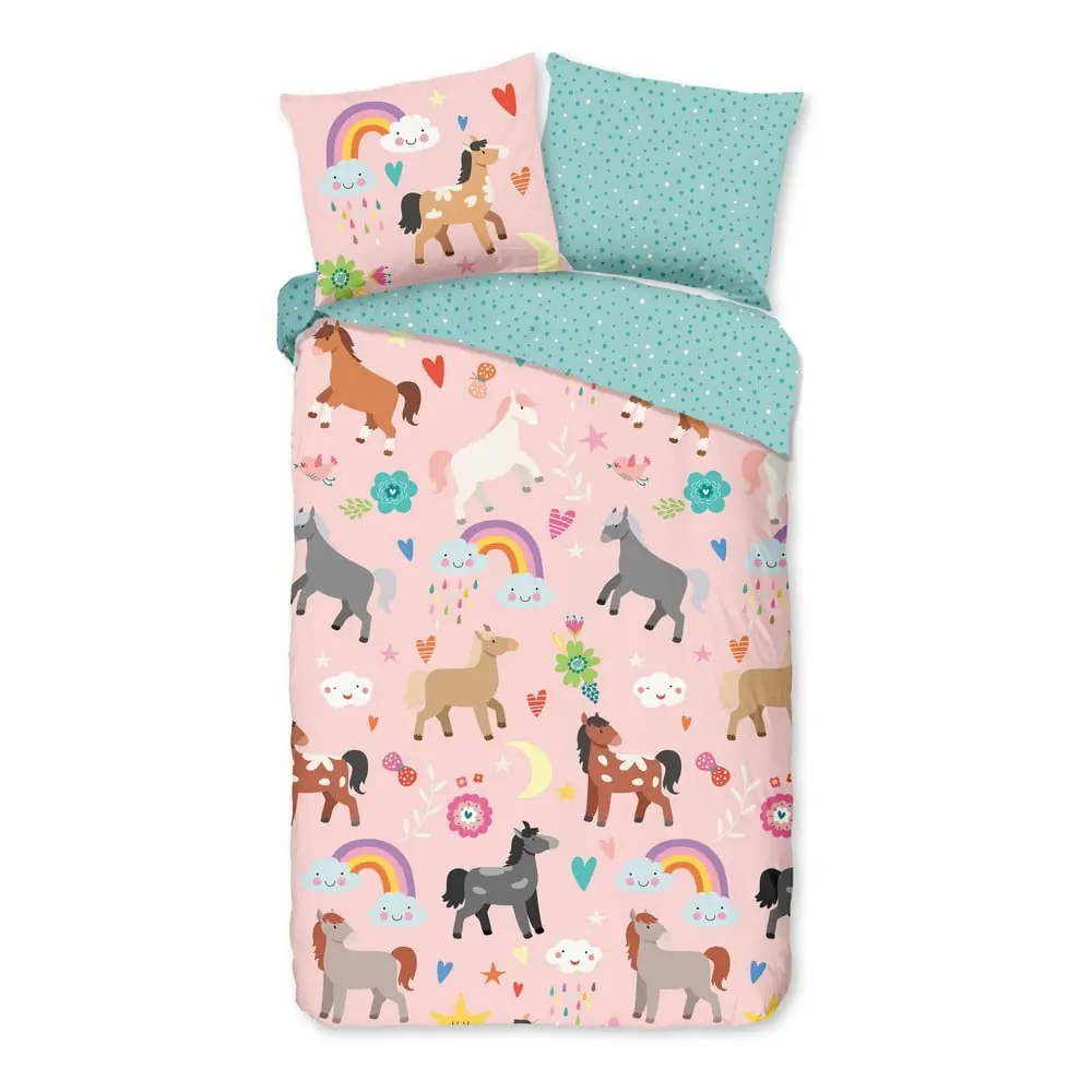 Lenjerie de pat pentru copii roz-turcoaz din bumbac pentru pat de o persoană, extinsă 140x220 cm Horses – Good Morning
