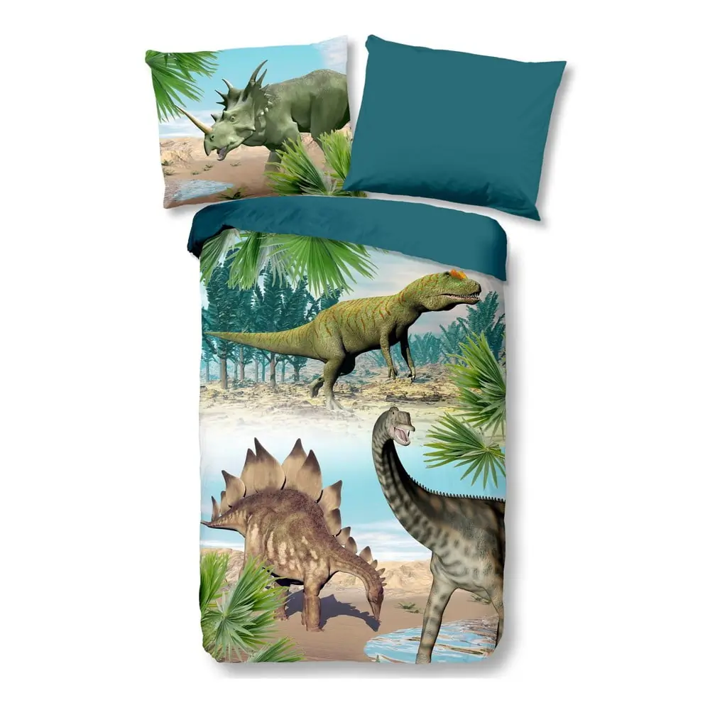 Lenjerie de pat pentru copii verde-albastră din bumbac pentru pat de o persoană 140x200 cm Dino – Good Morning