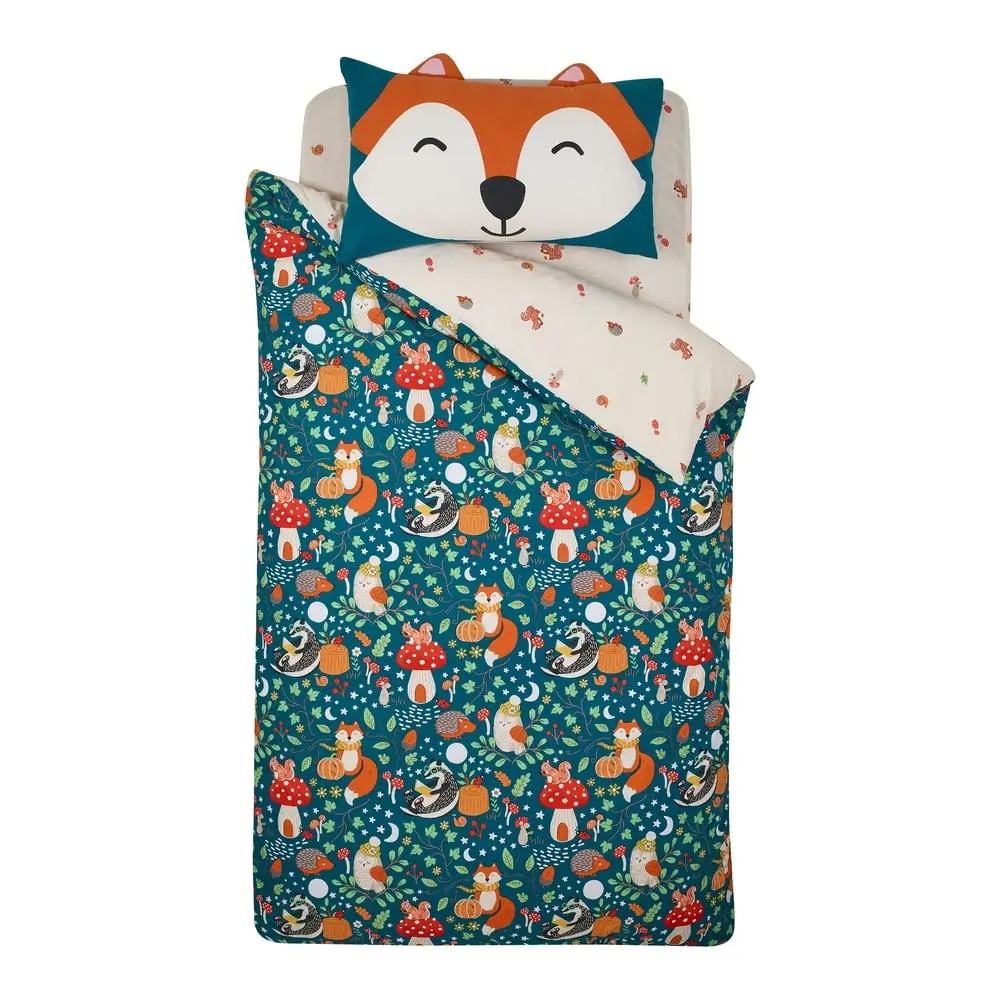Lenjerie de pat pentru copii verde-bej pentru pat de o persoană 135x200 cm Fox and Woodland Friends – Catherine Lansfield