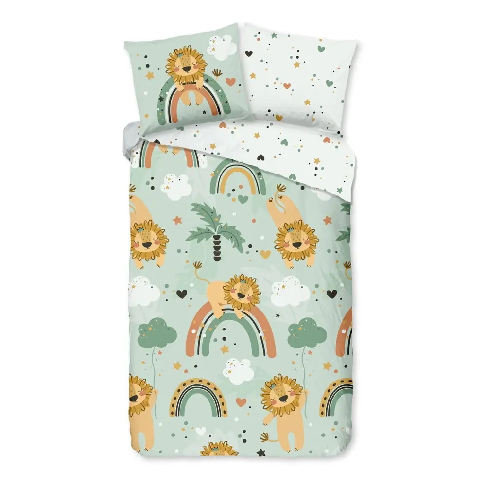 Lenjerie de pat pentru copii verde din bumbac pentru pat de o persoană, extinsă 140x220 cm Lions – Good Morning