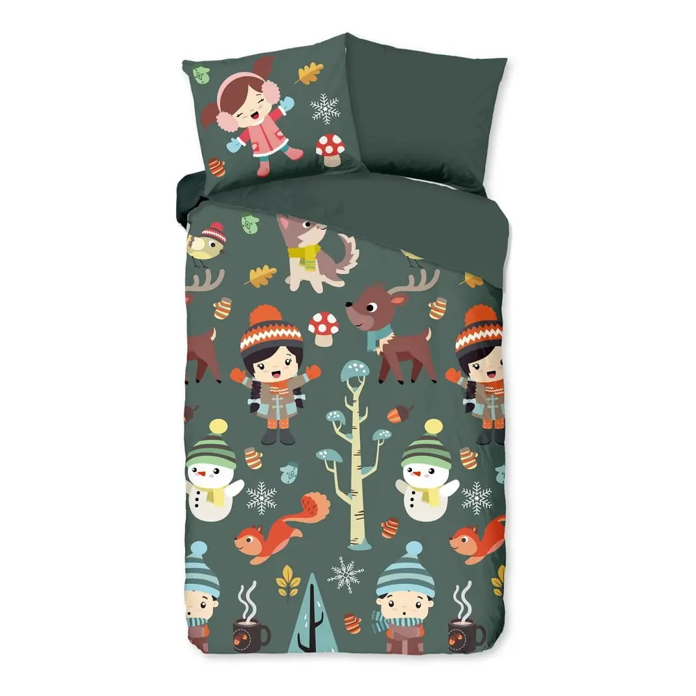 Lenjerie de pat pentru copii verde-închis din bumbac pentru pat de o persoană, extinsă 140x220 cm Fun – Good Morning