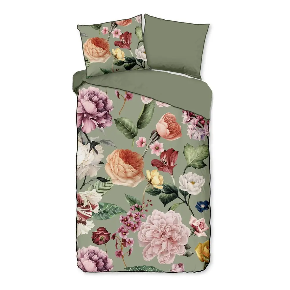 Lenjerie de pat verde din bumbac satinat pentru pat de o persoană, extinsă 140x220 cm Fiori – Descanso