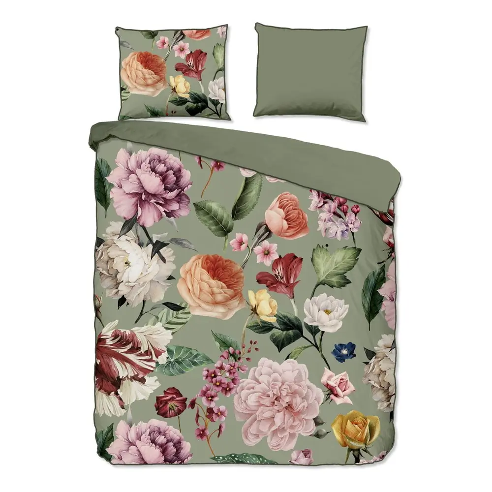 Lenjerie de pat verde din bumbac satinat pentru pat dublu, extinsă 200x220 cm Fiori – Descanso