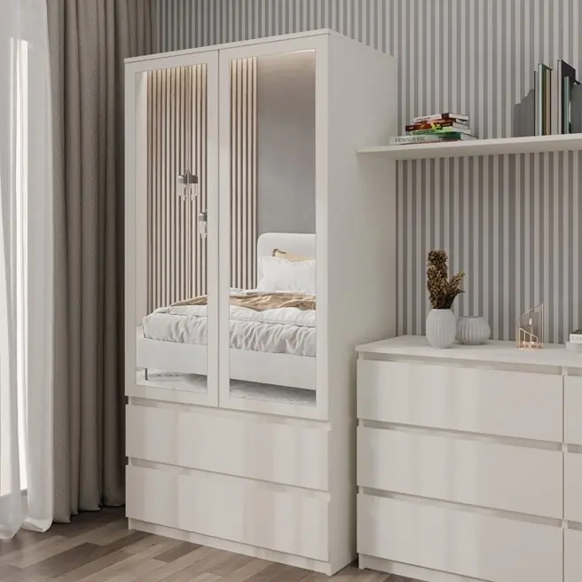 LAC504 - Dulap crem, 90 cm, sifonier dormitor dublu cu bara pentru umerase, 2 sertare - Colectia LaCreme