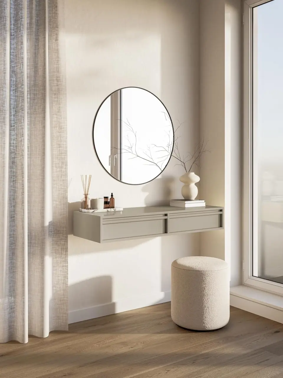 MAC201 - Masuta Consola suspendata, 110 cm, masa de toaleta cu 2 sertare, cosmetica machiaj, vanity - Crem / Verde / Negru