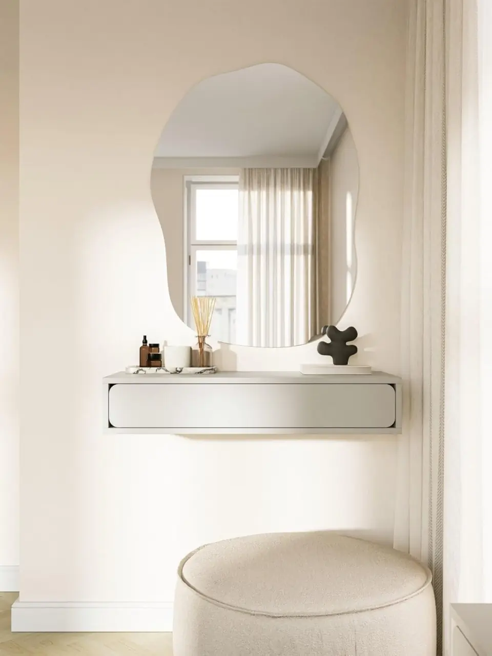 MAC3 - Masuta Consola suspendata crem, 90 / 110 cm, masa de toaleta cu 1 / 2 sertar(e), cosmetica machiaj, vanity