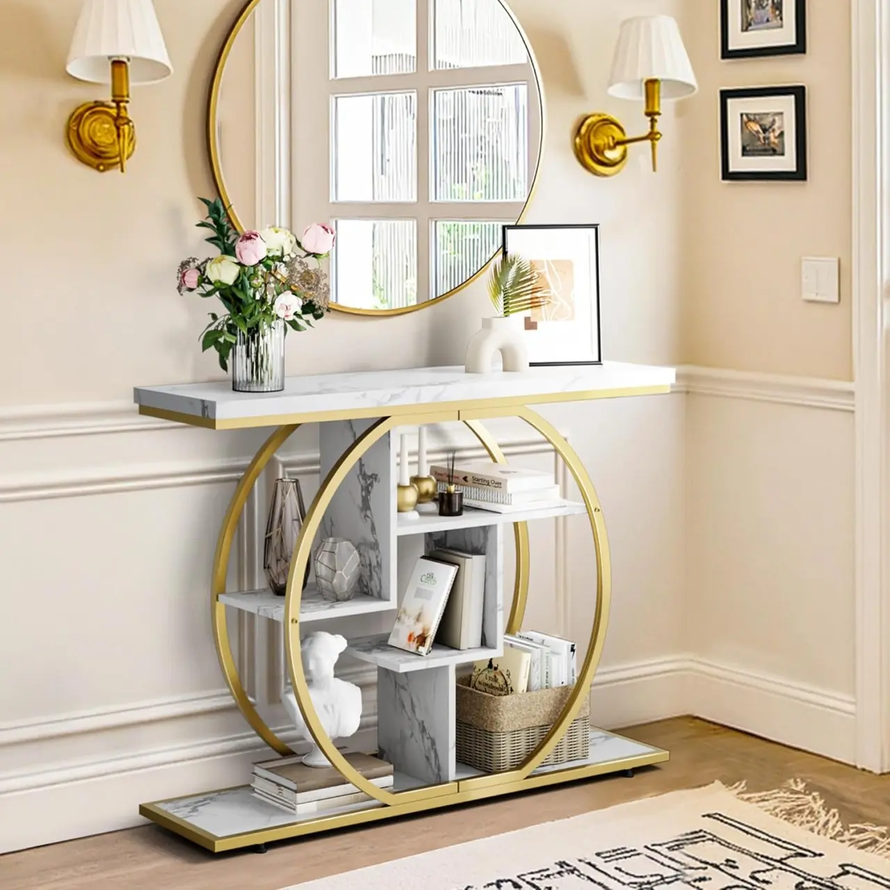 MAU43 - Masa Consola, 105 cm, masuta hol cu rafturi, living, dormitor - Auriu / Alb Imitatie de Marmura