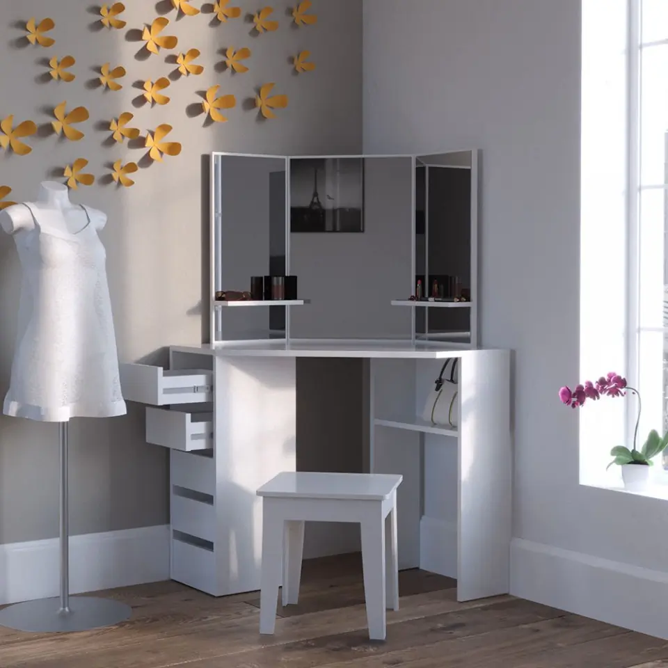 SEA332 - Set Masa alba toaleta cosmetica machiaj oglinda masuta vanity pe colt