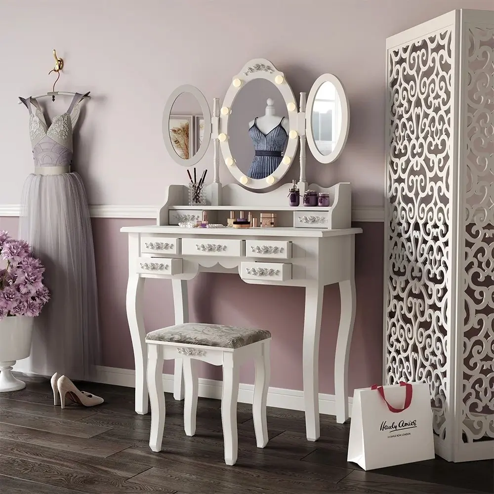 SEA494 - Set Masa toaleta cu LED, 90 cm, cosmetica machiaj cu oglinda, masuta vanity, scaun tapitat - Gri