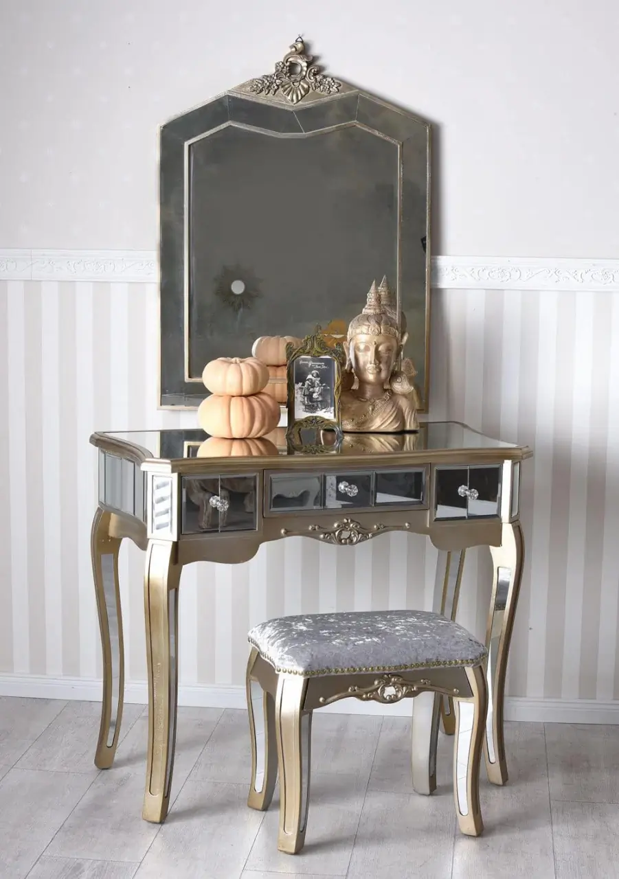 SEG111 - Set Masa Argintie toaleta, 90 cm, cosmetica machiaj oglinda masuta, scaun, taburet tapitat