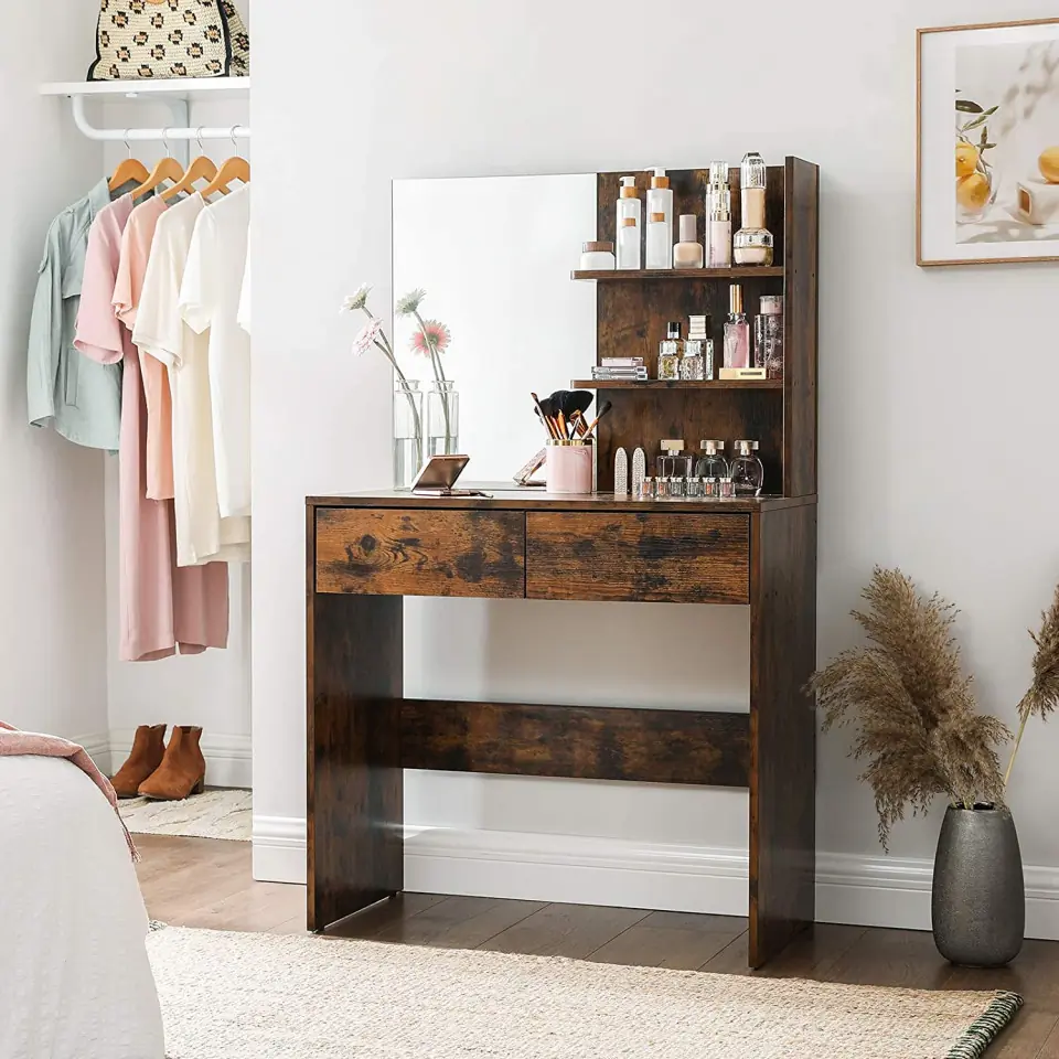 SEM224 - Set Masa toaleta, 80 cm, cosmetica machiaj cu oglinda, masuta vanity - Maro stil industrial