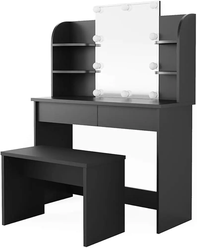 SEN221 - Set Masa neagra toaleta, 108 cm, cosmetica machiaj oglinda masuta vanity, oglinda cu sau fara LED, cu sau fara scaun