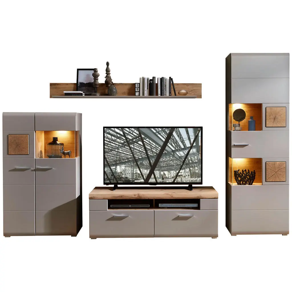 Set Mobila Living, 4 piese, gri, culoare lemn stejar, 325/205/47 cm