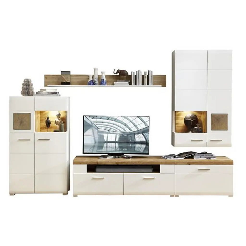 Set Mobila Living, alb, culoare lemn stejar, 320/205/47 cm