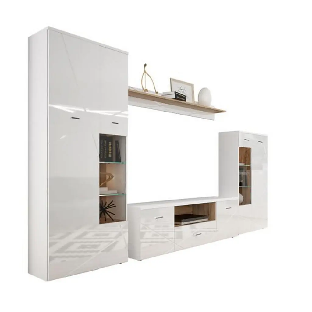 Set Mobilă Living, alb, culoare lemn stejar, 340/196/40 cm