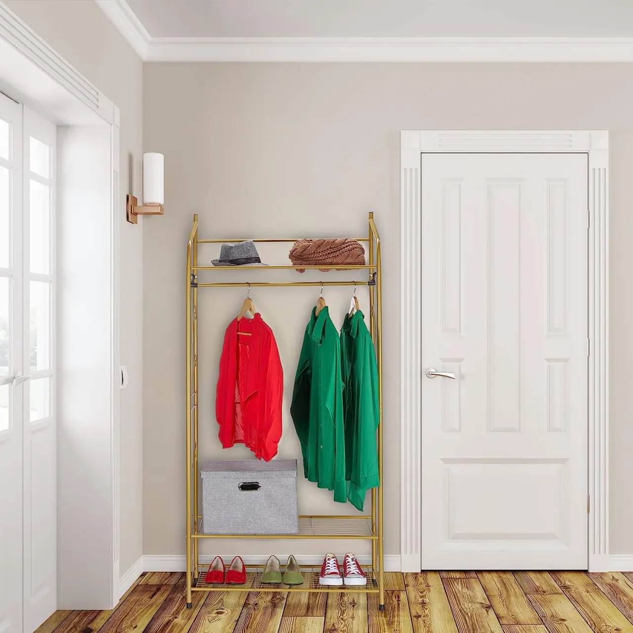 SUAU3 - Suport Haine cu 3 rafturi 78 cm, cuier pentru haine, dressing, dormitor, rafturi pantofi, pantofar - Auriu