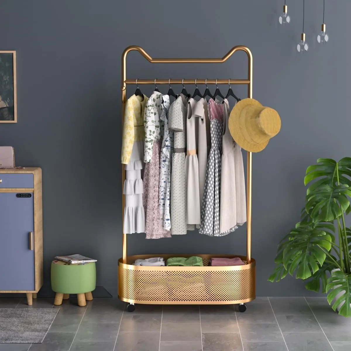 SUAU8 - Suport Haine cu spatiu depozitare, 180 cm inaltime, pentru haine, dressing, dormitor - Auriu / Alb / Negru