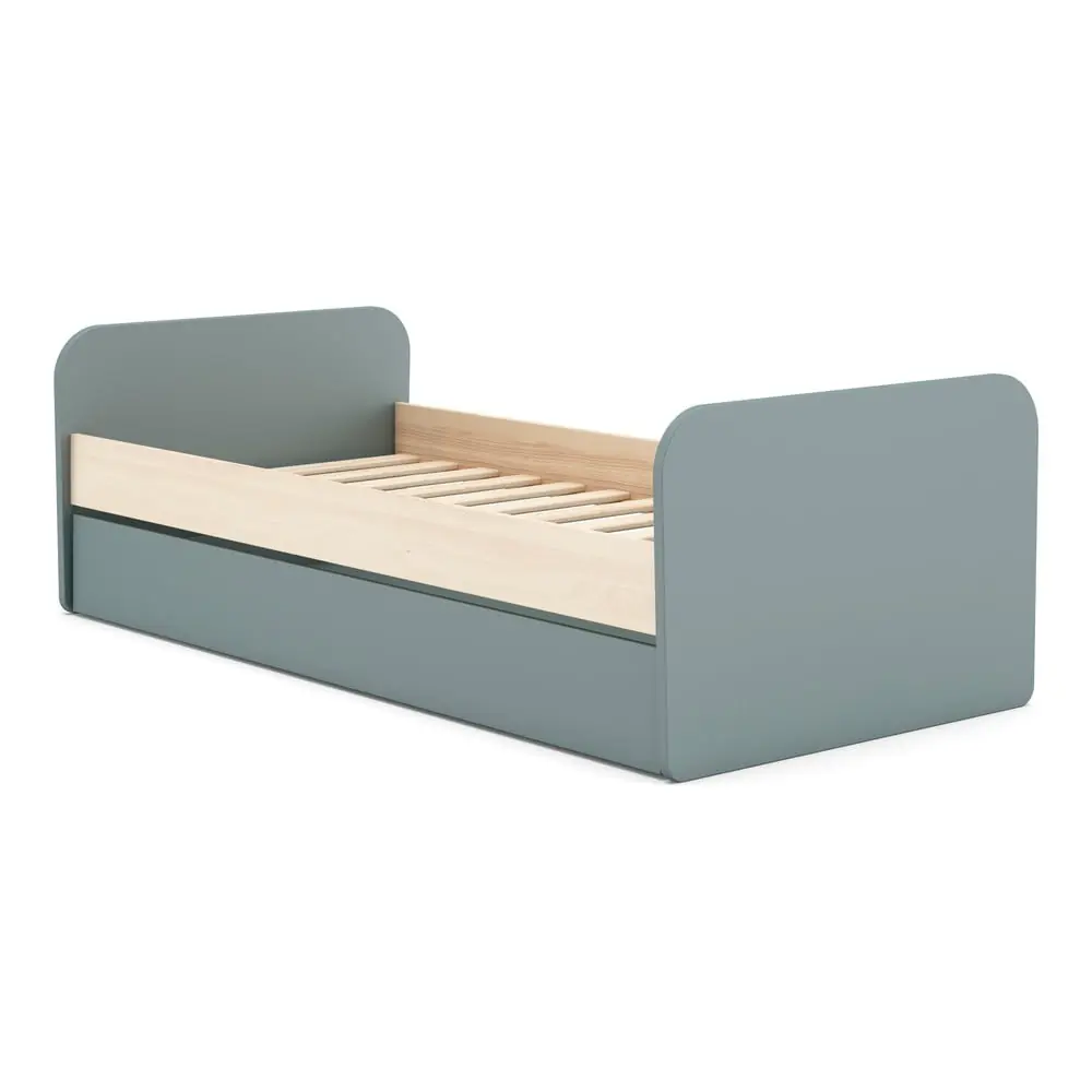 Pat pentru copii verde prăfuit cu extensie suplimentară cu aspect de lemn de pin cu spațiu de depozitare cu somieră 90x200 cm Esteban – Marckeric