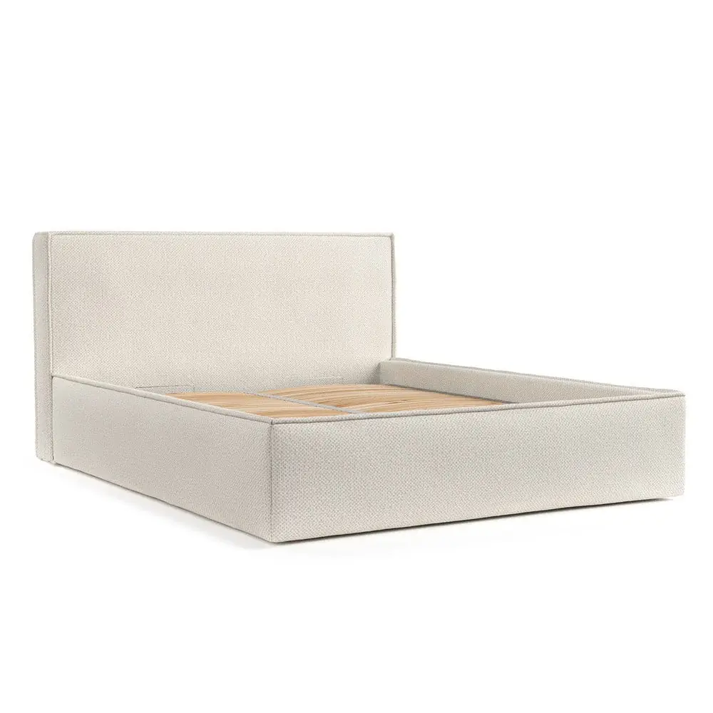 Pat matrimonial bej tapițat cu spațiu de depozitare cu somieră 160x200 cm Lounge L – Maison de Rêve
