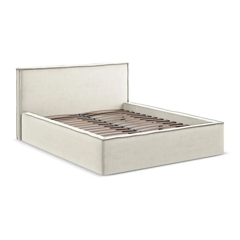 Pat matrimonial crem tapițat cu spațiu de depozitare cu somieră 140x200 cm Anani – Makamii