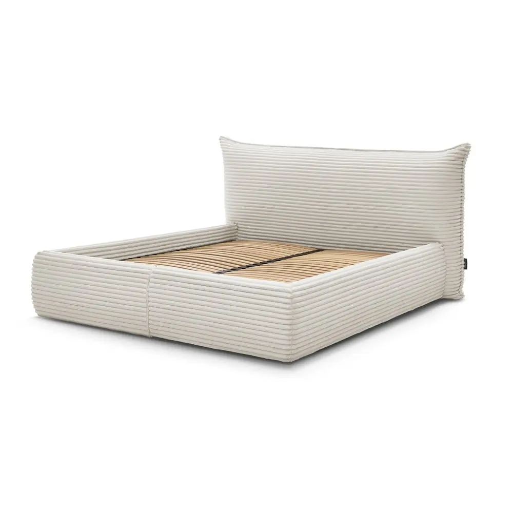 Pat matrimonial crem tapițat cu spațiu de depozitare cu somieră 160x200 cm Jade – Bobochic Paris